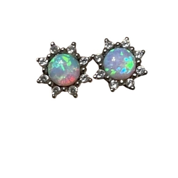 Unbranded Jewelry - Unbranded Opal Stud Earrings Women OS White Excellent Halo Sunburst CZ Silver